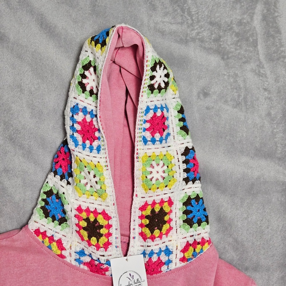 Boho Pink JK Acid Wash Oversized Hoodie Colorful Crochet Granny Square Hood NWT - Picture 6 of 10